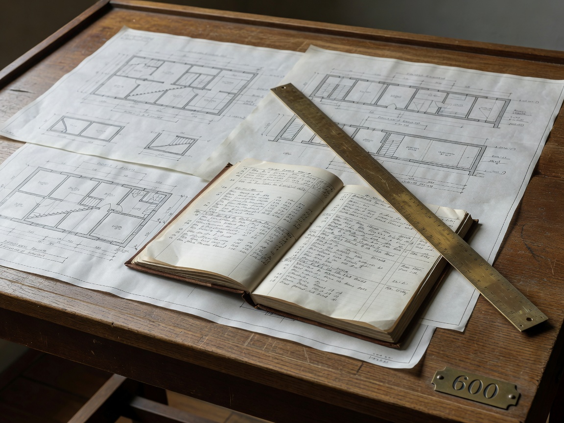 Architectural drawings, condition logbook, and brass rule on an architect drafting table