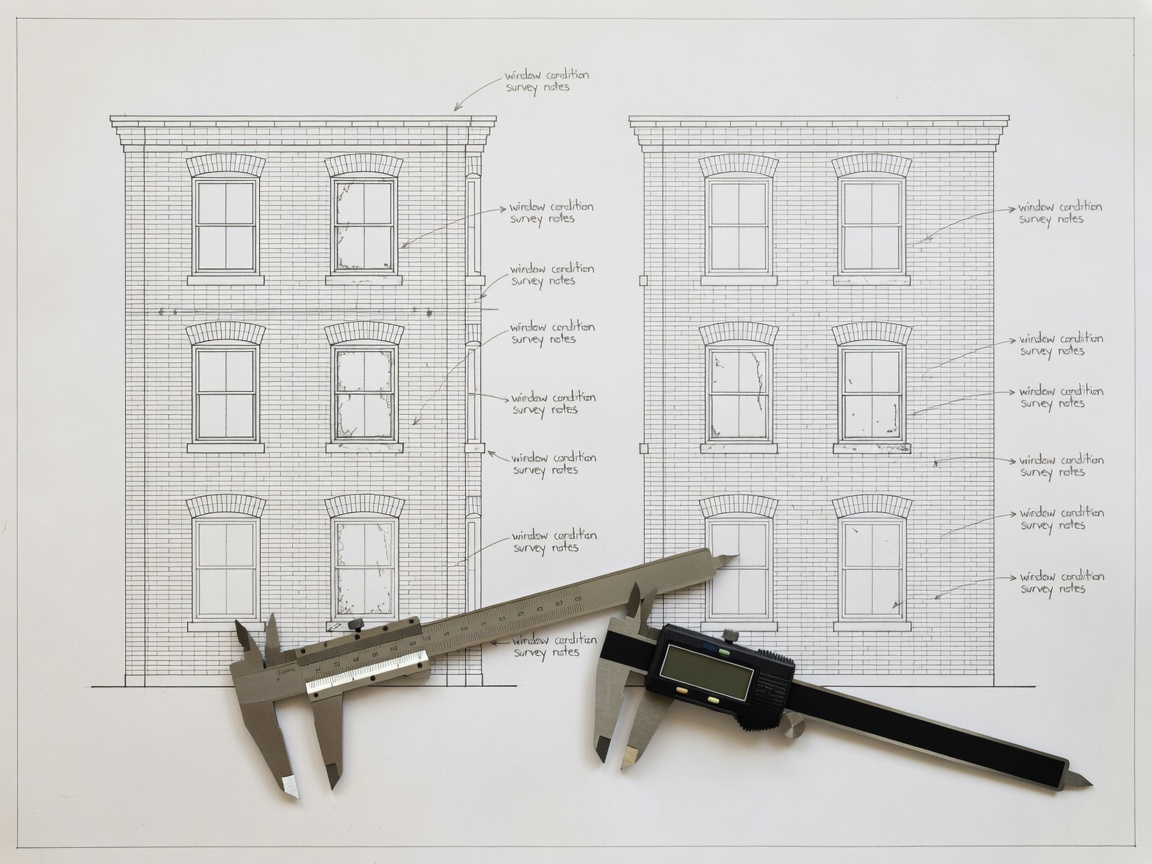 Architectural survey drawing of building elevations with window condition survey notes and calliper tools