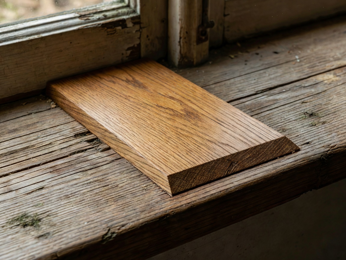 Carefully crafted timber splice repair on a weathered windowsill using seasoned oak