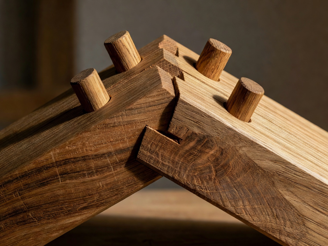 Detailed close-up of a precision-cut angled timber scarf splice joined with oak trunnels