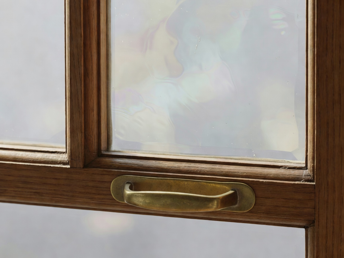 Hand-cut ovolo timber glazing bar intersection fitted with hand-drawn glass pane and unlacquered brass sash lift
