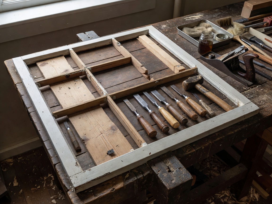 Joinery bench showing dismantled historic window sash alongside chisels and restoration equipment