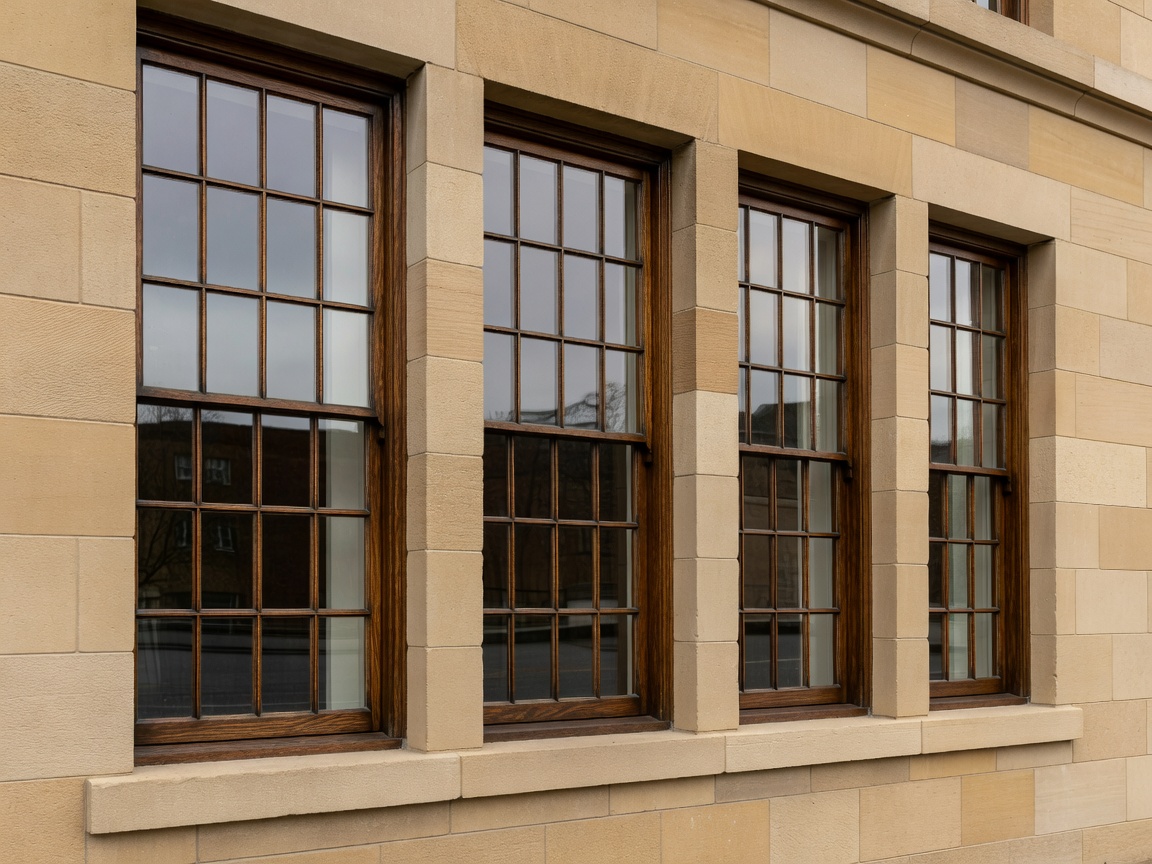 Restored traditional multi-pane timber sash windows set within a dressed limestone European façade