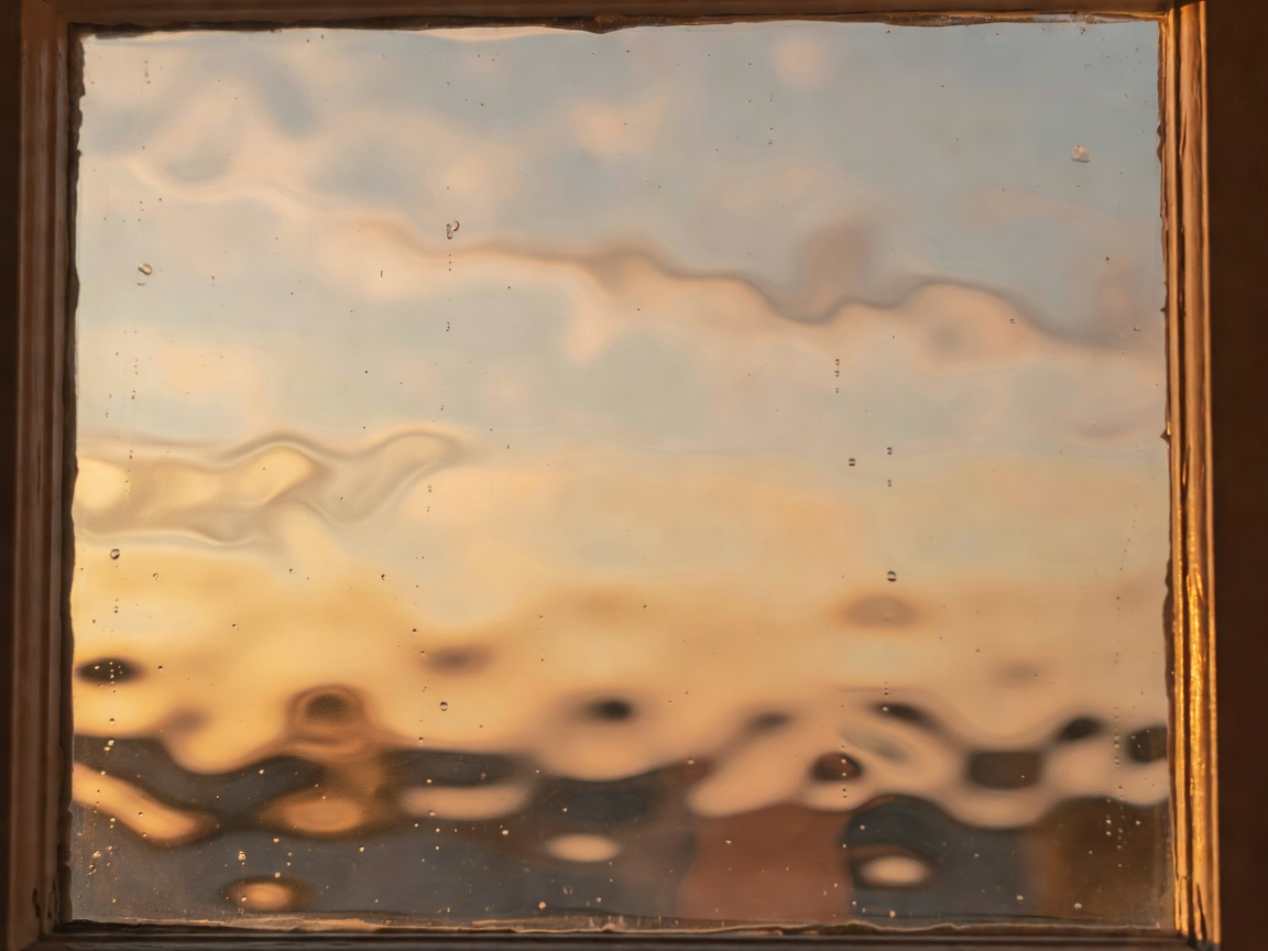 Subtle optical waviness and seeds in hand-blown cylinder window glass reflecting warm afternoon sky