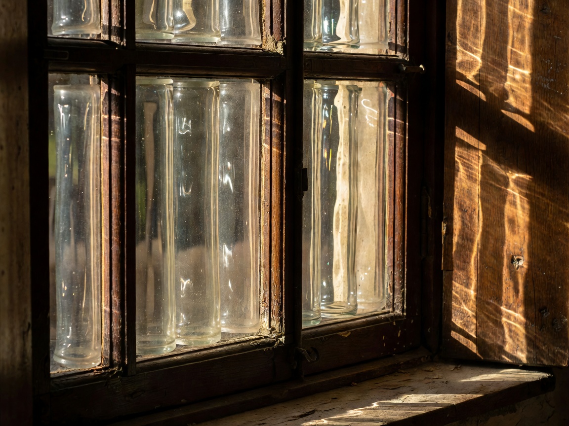 Sunlight reflecting off uneven hand-blown cylinder glass panes within an antique casement frame