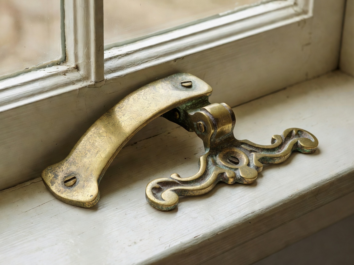 Unlacquered aged brass quadrant sash fastener and decorative stay on a painted timber meeting rail